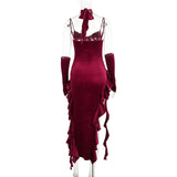 Robe midi en velours à volants et col en V avec appliques florales irrégulières 