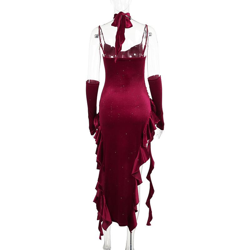Robe midi en velours à volants et col en V avec appliques florales irrégulières 