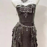 O ring hollow out skull applique metal chain mini dress