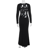 Long sleeve hollow out buckle crewneck maxi dress