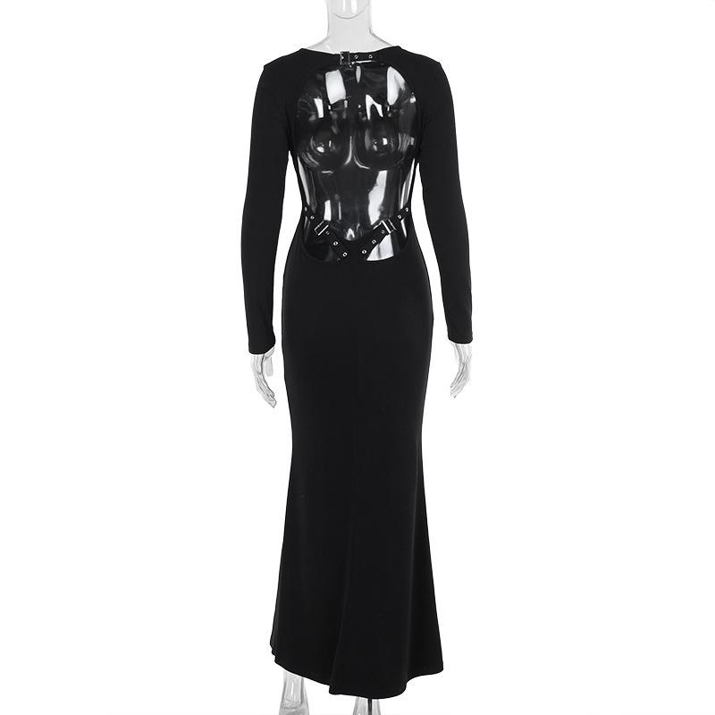 Long sleeve hollow out buckle crewneck maxi dress