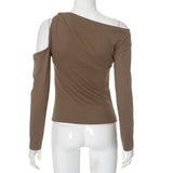 Hollow out long sleeve ruched one shoulder knotted top