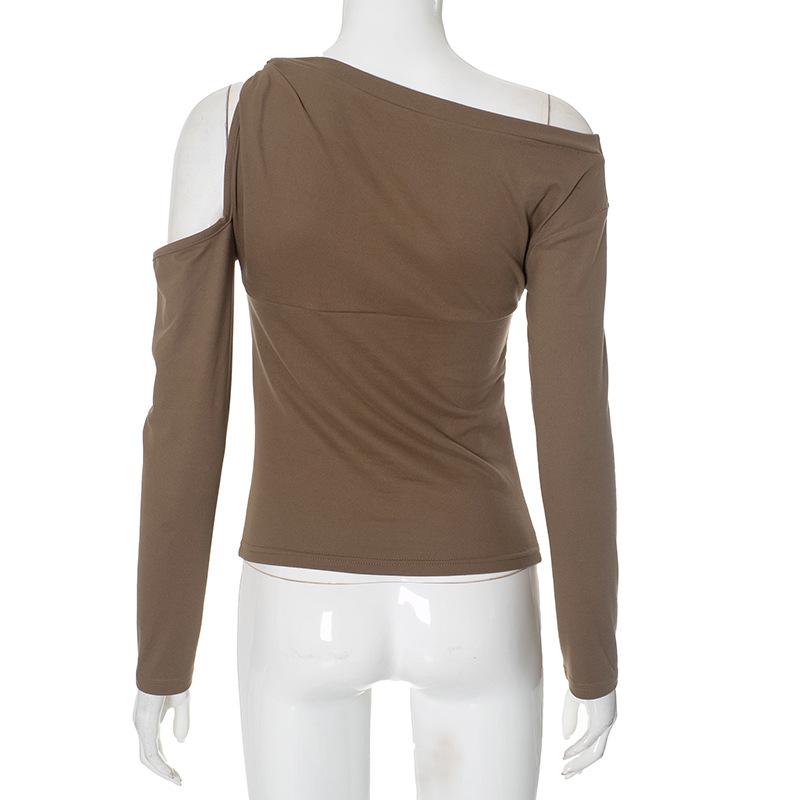 Hollow out long sleeve ruched one shoulder knotted top