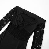 Robe longue en dentelle à manches longues et fentes ajourées sur les épaules 