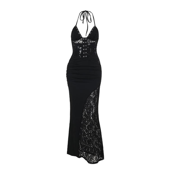 Vestido largo fruncido con cuello halter, encaje y escote en V 