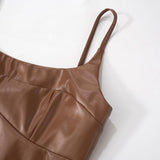 U neck PU leather zip-up backless solid mini dress