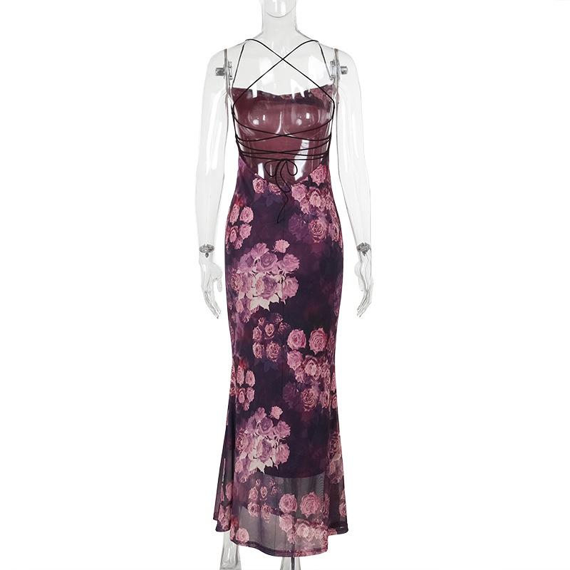 Robe longue à bretelles spaghetti et imprimé floral, col carré et dos croisé 