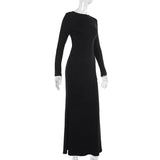Long sleeve hollow out buckle crewneck maxi dress