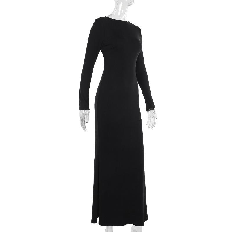Long sleeve hollow out buckle crewneck maxi dress