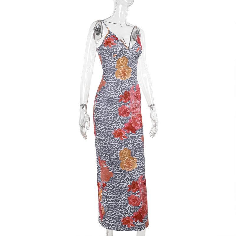 Vestido largo con escote en V, estampado de leopardo, abertura en la espalda y sin espalda 