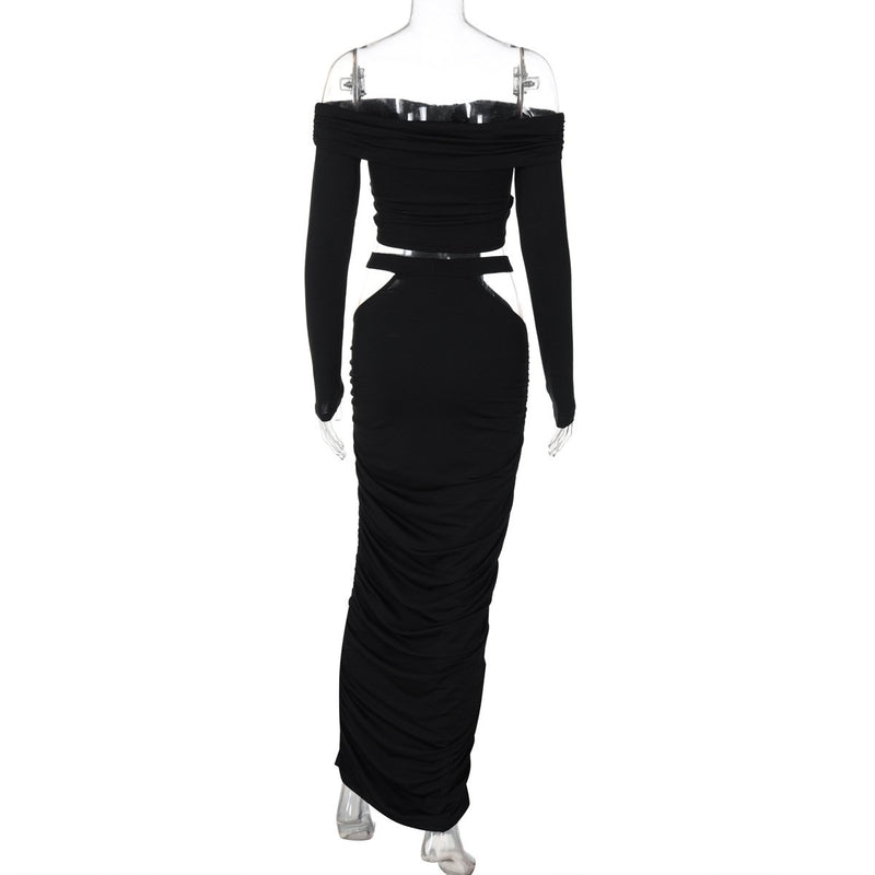 Off shoulder long sleeve hollow out maxi dress