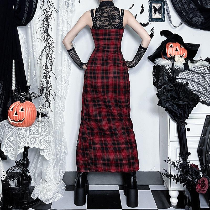 Hollow out plaid print lace up lace slit midi dress