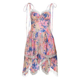 Vestido mini de tirantes finos con cuello en V, estampado y cremallera en el dobladillo de encaje 