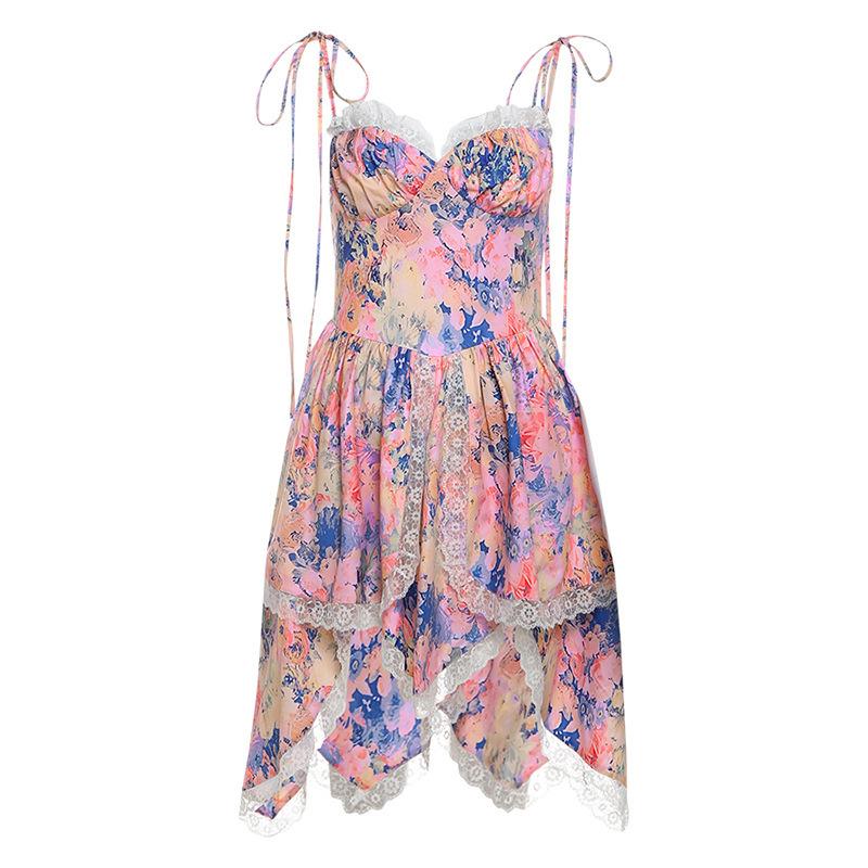 Vestido mini de tirantes finos con cuello en V, estampado y cremallera en el dobladillo de encaje 