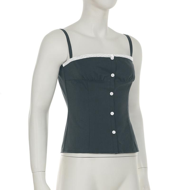 Square neck lace hem button ruched backless top