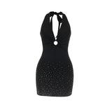 Mini-robe licou à nouer soi-même, froncée et perlée, col en V 