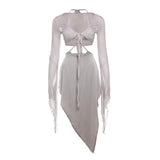 Ensemble jupe midi en maille à manches longues et col en V à volants et à nouer soi-même 