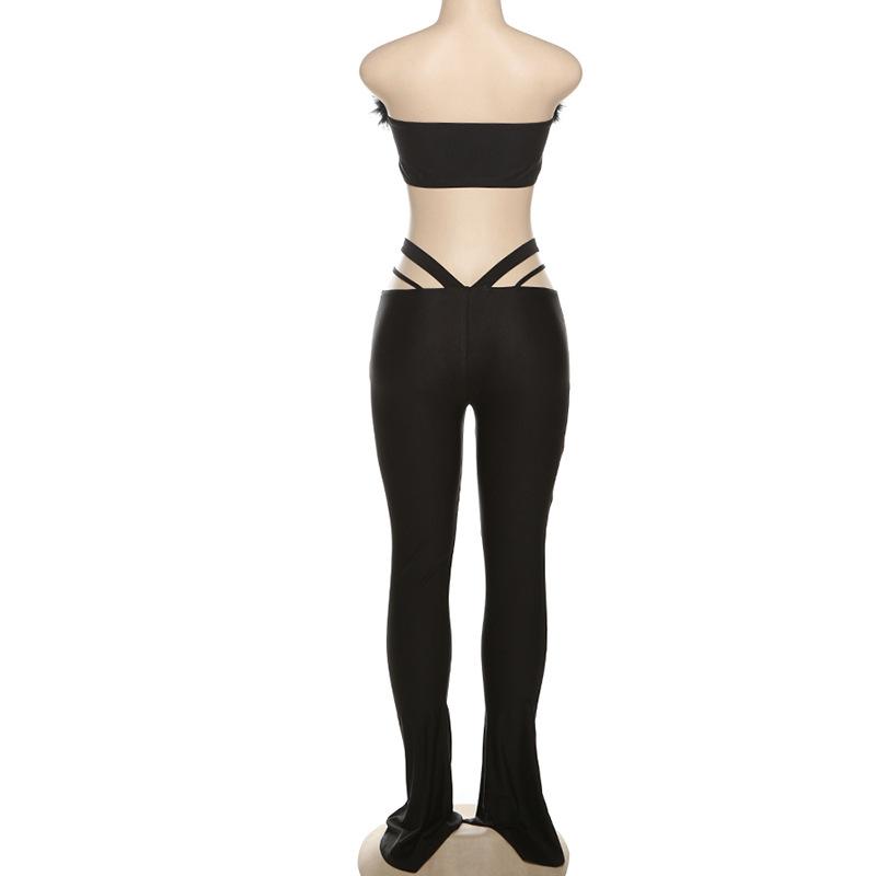 Feather hollow out low rise solid tube pant set