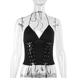 Top liso con cuello en V, espalda descubierta, cordones y lazo en el cuello 