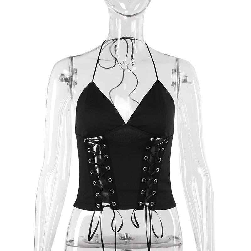 Top liso con cuello en V, espalda descubierta, cordones y lazo en el cuello 
