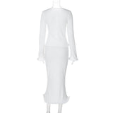 Long flared sleeve v neck button solid midi skirt set
