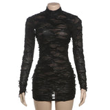 Long sleeve high neck see through hollow out mini dress