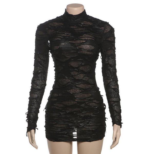 Long sleeve high neck see through hollow out mini dress