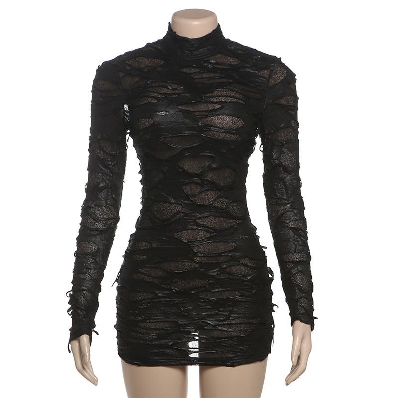 Long sleeve high neck see through hollow out mini dress