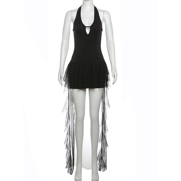 Minivestido de malla con volantes y escote halter, sin espalda 