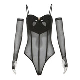 Gloves mesh hollow out button corset cami bodysuit