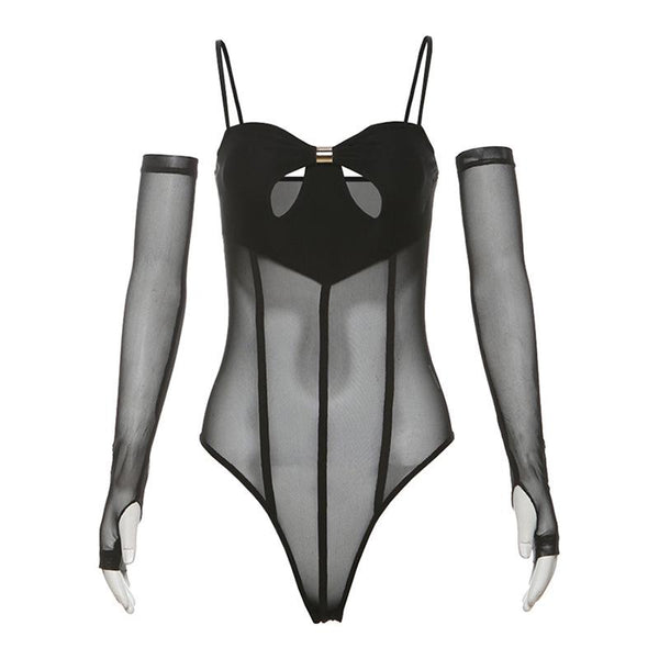 Gloves mesh hollow out button corset cami bodysuit
