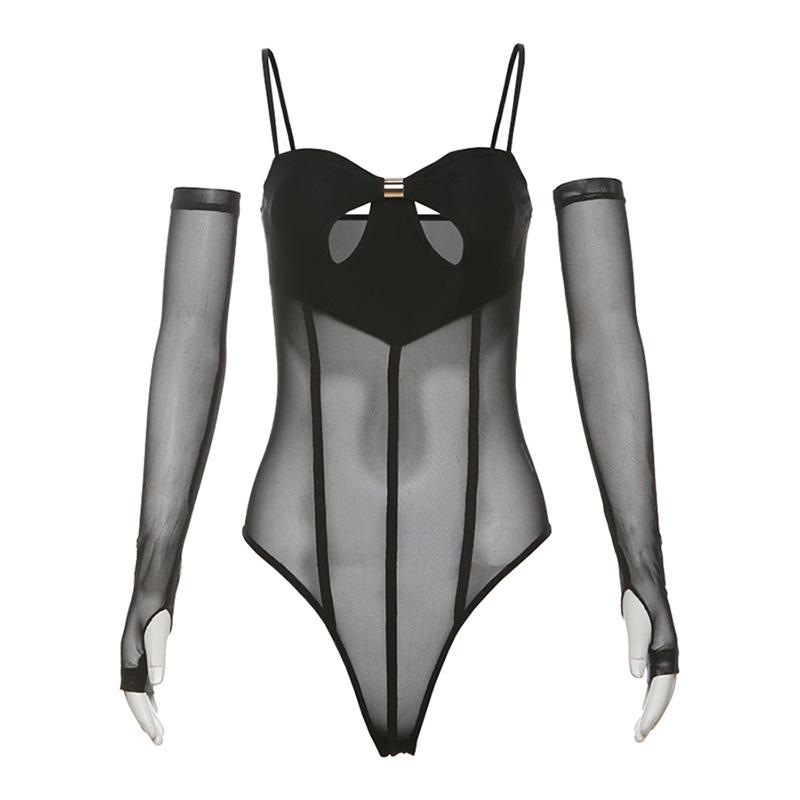 Gloves mesh hollow out button corset cami bodysuit