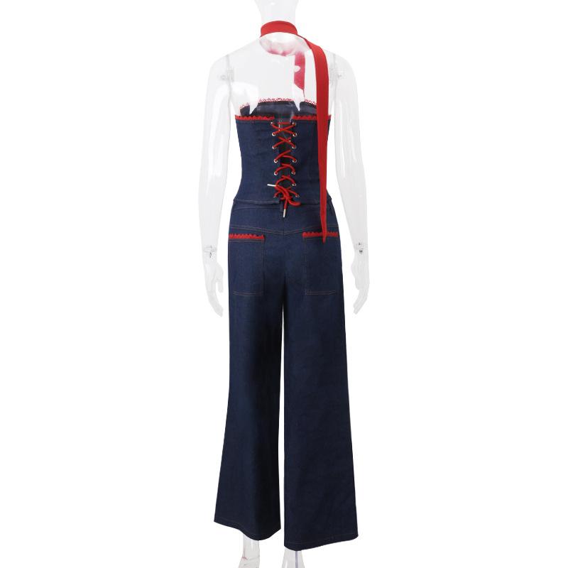 Haut tube en jean avec ourlet en dentelle et corset à lacets 