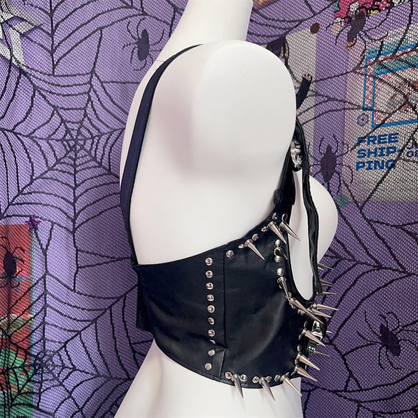 PU leather skull applique zip-up buckle cami top