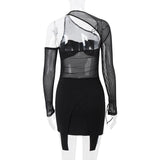 Long sleeve irregular hollow out mesh mini dress