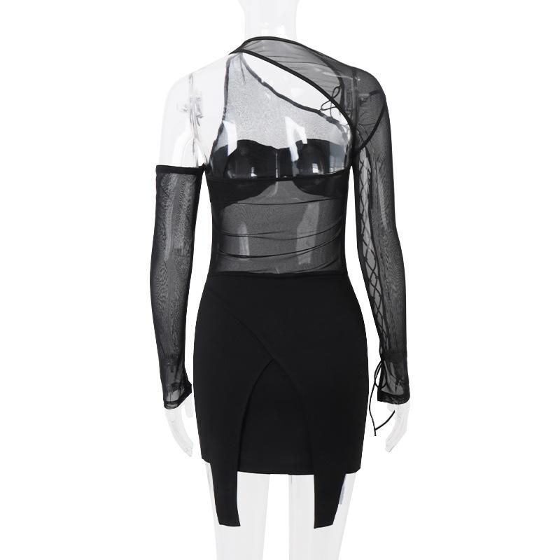 Long sleeve irregular hollow out mesh mini dress