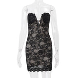 Lace hem beaded backless zip-up tube mini dress
