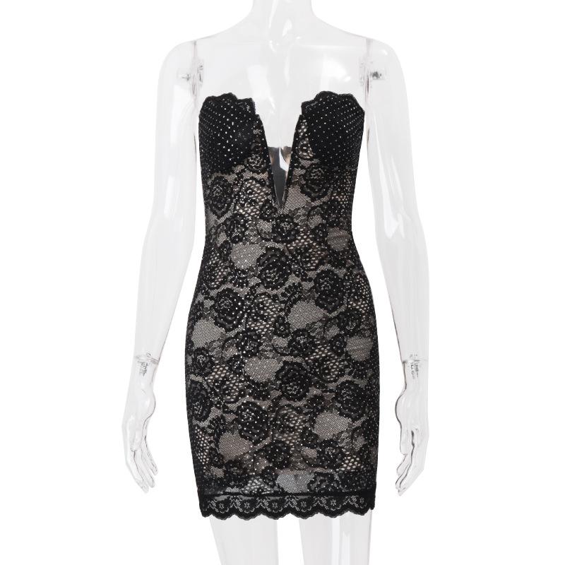 Lace hem beaded backless zip-up tube mini dress