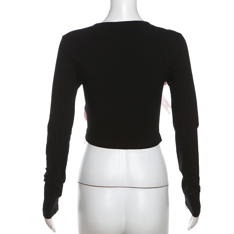 Long sleeve bowknot crewneck applique crop top