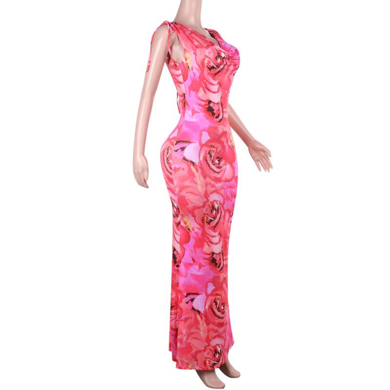 Robe longue dos nu à imprimé fleuri et col bénitier 