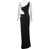 Robe longue irrégulière à une épaule, ajourée et fendue haute 