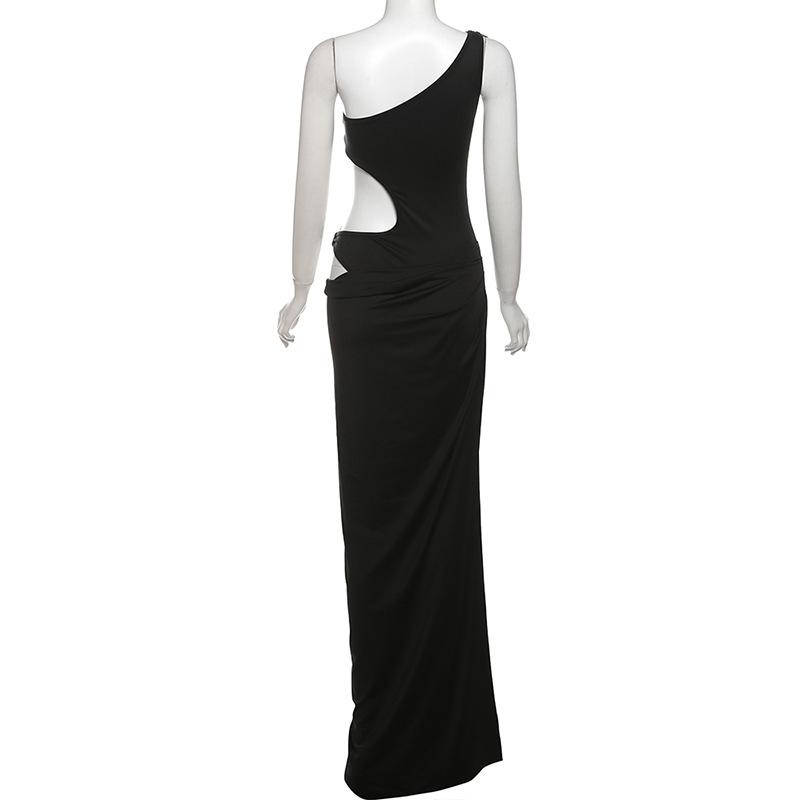 Robe longue irrégulière à une épaule, ajourée et fendue haute 