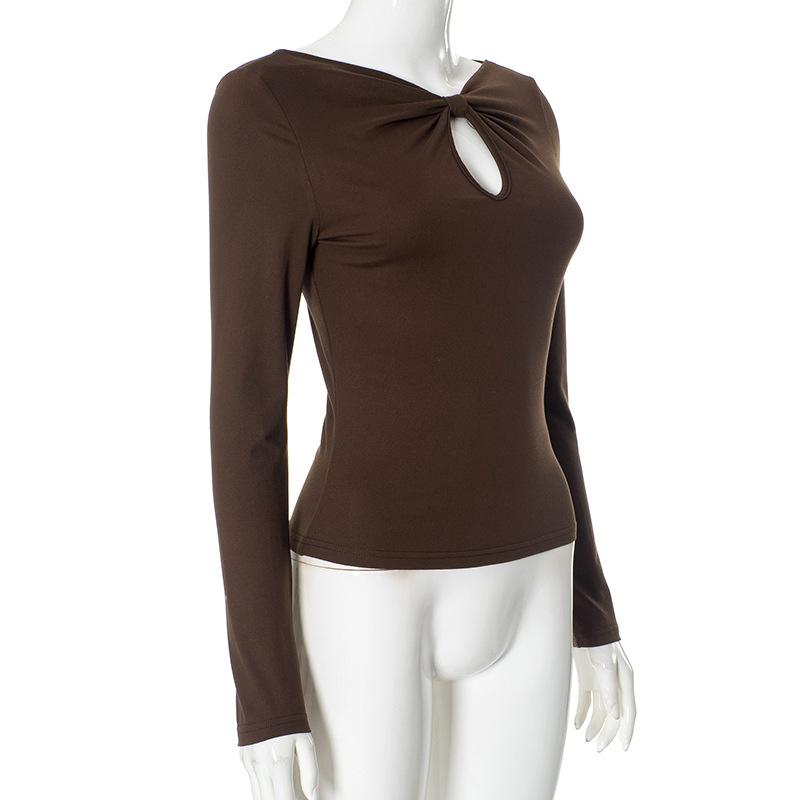 Knotted hollow out long sleeve v neck ruched top