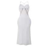 Robe midi froncée en dentelle à col en V et à nouer dans le dos 