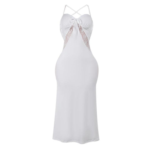 Robe midi froncée en dentelle à col en V et à nouer dans le dos 