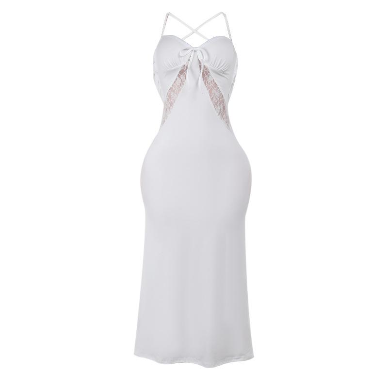 Robe midi froncée en dentelle à col en V et à nouer dans le dos 