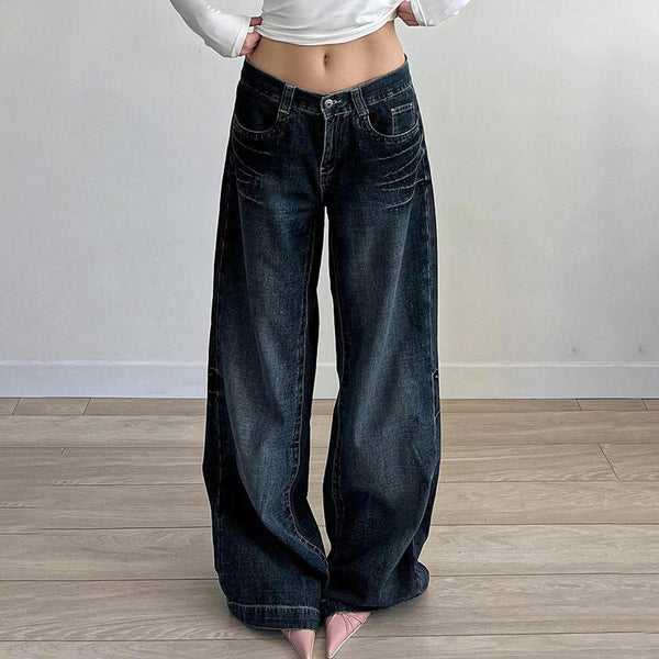 Jean taille basse contrasté avec poches zippées et boutons 