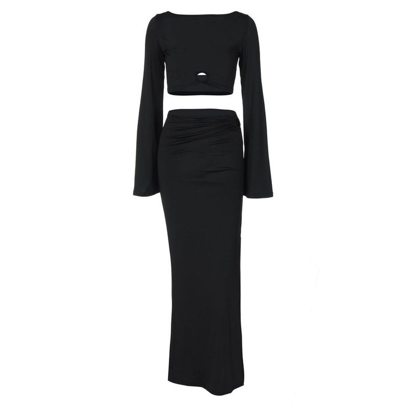 Long flared sleeve slit ruched hollow out maxi skirt set