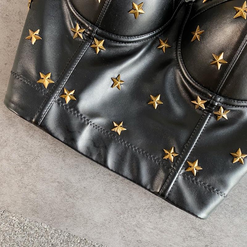 PU leather star applique button cami top