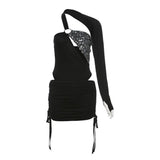 Irregular long sleeve gloves o ring glitter mini skirt set